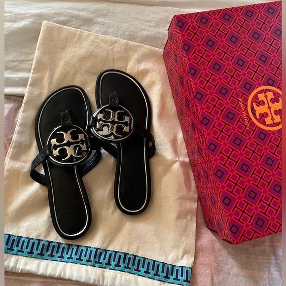 Tory Burch Miller Metal-Logo Sandal, Leather, Navy, Silver - Picture 1 of 8